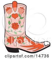 Pink Cowgirl Boot With A Pattern Of Red Roses Clipart Illustration