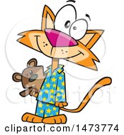 Clipart Of A Cartoon Happy Ginger Cat Wearing Pajamas And Holding A Teddy Bear Royalty Free Vector Illustration