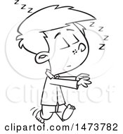 Clipart Of A Cartoon Lineart Boy Sleep Walking Royalty Free Vector Illustration