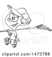 Clipart Of A Cartoon Lineart Boy Carrying A Rake Royalty Free Vector Illustration
