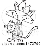 Clipart Of A Cartoon Lineart Happy Cat Wearing Pajamas And Holding A Teddy Bear Royalty Free Vector Illustration by toonaday