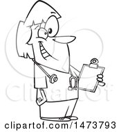 Clipart Of A Cartoon Lineart Happy Female School Nurse Holding A Clipboard Royalty Free Vector Illustration by toonaday