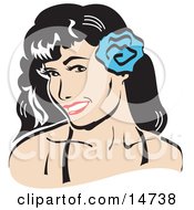 Pretty Brunette Woman With A Blue Flower In Her Hair Clipart Illustration