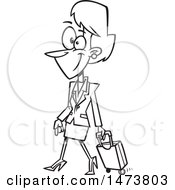 Cartoon Outline Female Flight Attendant Walking With A Rolling Suitcase