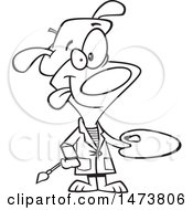 Clipart Of A Cartoon Lineart Dog Artist Painter Holding A Palette Royalty Free Vector Illustration