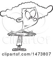 Clipart Of A Cartoon Lineart Girl With Her Fingers Stuck In Crazy Gum Royalty Free Vector Illustration