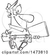 Clipart Of A Cartoon Lineart Happy Carpenter Carrying A Board Royalty Free Vector Illustration by toonaday