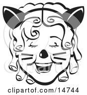 Retty Curly Haired Girl Wearing A Cat Eared Headband On Halloween Black And White