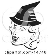 Pretty Woman Singing And Wearing A Pointy Black Witch Hat On Halloween Black And White Clipart Illustration