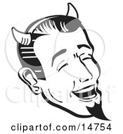 Man Wearing Horns And A Goatee Laughing Devilishly On Halloween Black And White Clipart Illustration by Andy Nortnik