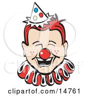 Jolly Freckled Boy With A Red Clown Nose Party Hat And Collar Laughing