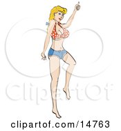 Sexy Blond Woman Wearing A Small Red And White Polka Dot Halter Top And Daisy Duke Blue Jean Shorts Hitchhiking For A Ride