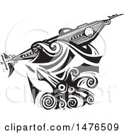 Poster, Art Print Of Woodcut Giant Squid Attacking A Steampunk Submarine The Nautilus Black And White