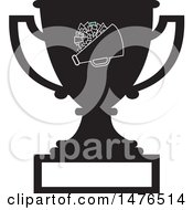 Clipart Of A Silhouetted Sports Trophy Cup With A Cone And Cheerleader Pom Pom And Blank Panel Royalty Free Vector Illustration