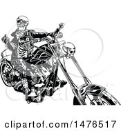 Poster, Art Print Of Black And White Skeleton Biker Holding Up A Middle Finger On A Chopper