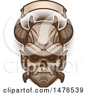 Clipart Of A Demon Head Under A Blank Banner Royalty Free Vector Illustration