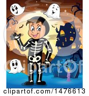 Poster, Art Print Of Man In A Skeleton Halloween Costume With Ghosts