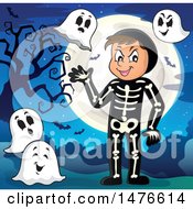 Poster, Art Print Of Man In A Skeleton Halloween Costume With Ghosts