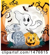 Poster, Art Print Of Halloween Jackolantern Pumpkin And Ghost By A Tombstone