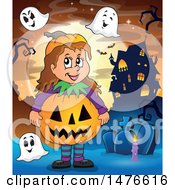 Poster, Art Print Of Girl In A Jackolantern Costume With Ghosts In A Cemetery