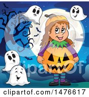 Poster, Art Print Of Girl In A Jackolantern Costume With Ghosts