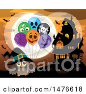 Clipart Of A Witch Owl With Halloween Balloons By A Haunted House Royalty Free Vector Illustration by visekart
