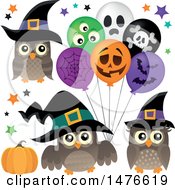 Poster, Art Print Of Witch Owls With Halloween Balloons
