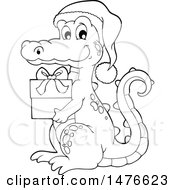 Poster, Art Print Of Christmas Crocodile Holding A Gift Black And White