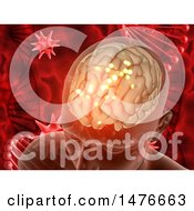 Clipart Of A 3d Brain Being Attacked By A Virus Over Red Dna Strands Royalty Free Illustration
