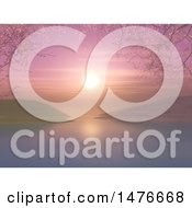 3d Sunset With Cherry Tree Blossom Branches Over A Bay