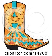 Orange Aztec Style Cowboy Boot With Blue And Yellow Accents Around A Bird