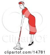 Red Haired Housewife Or Maid Woman In A Long Red Dress And High Heels Using A Mop To Clean The Floors by Andy Nortnik