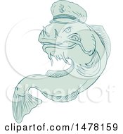 Poster, Art Print Of Jumping Catfish In A Sea Captain Hat In Sketch Style