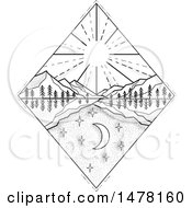 Poster, Art Print Of Diamond With Day And Night Scenes With Sun And Mountains In Sketch Style
