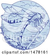 Poster, Art Print Of Dragonfly Over A Mountainous Lake Scene In Sketch Style