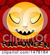 Poster, Art Print Of Creepy Scary Faced Moon Over Halloween Text On Red With Bare Branches