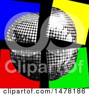 Poster, Art Print Of 3d Silver Disco Music Ball In Split Up Colorful Squares On Black