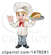 Poster, Art Print Of Cartoon Happy White Female Chef Holding A Kebab On A Tray And Gesturing Perfect