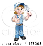 Poster, Art Print Of Cartoon Full Length Happy White Female Gardener In Blue Holding A Garden Trowel And Giving A Thumb Up
