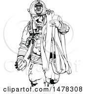Clipart Of A Black And White Fireman Carrying A Hose Royalty Free Vector Illustration by dero #COLLC1478308-0053