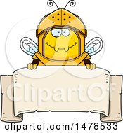 Clipart Of A Chubby Bee Knight Over A Banner Royalty Free Vector Illustration
