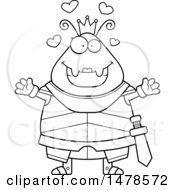 Clipart Of A Chubby Lineart Queen Ant In Armor With Love Hearts And Open Arms Royalty Free Vector Illustration