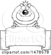 Clipart Of A Chubby Lineart Lion Knight Over A Banner Royalty Free Vector Illustration