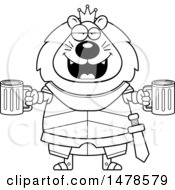 Clipart Of A Chubby Lineart Lion Knight Holding Beers Royalty Free Vector Illustration