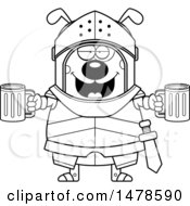 Clipart Of A Chubby Lineart Dog Knight Holding Beers Royalty Free Vector Illustration