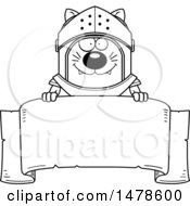 Clipart Of A Chubby Lineart Cat Knight Over A Banner Royalty Free Vector Illustration