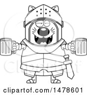 Clipart Of A Chubby Lineart Cat Knight Holding Beers Royalty Free Vector Illustration by Cory Thoman