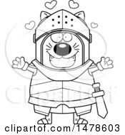 Clipart Of A Chubby Lineart Cat Knight With Love Hearts And Open Arms Royalty Free Vector Illustration