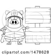 Clipart Of A Chubby Lineart Boar Knight By Wood Signs Royalty Free Vector Illustration