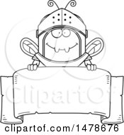 Clipart Of A Chubby Lineart Bee Knight Over A Banner Royalty Free Vector Illustration